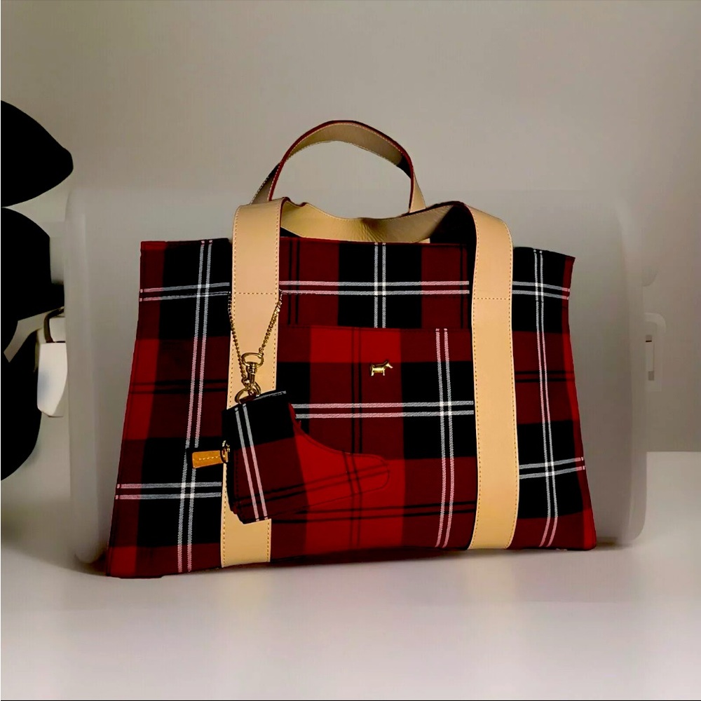 Rare Scottish House Scotland Terrier Logo Bag  Red Tartan, Leather Straps